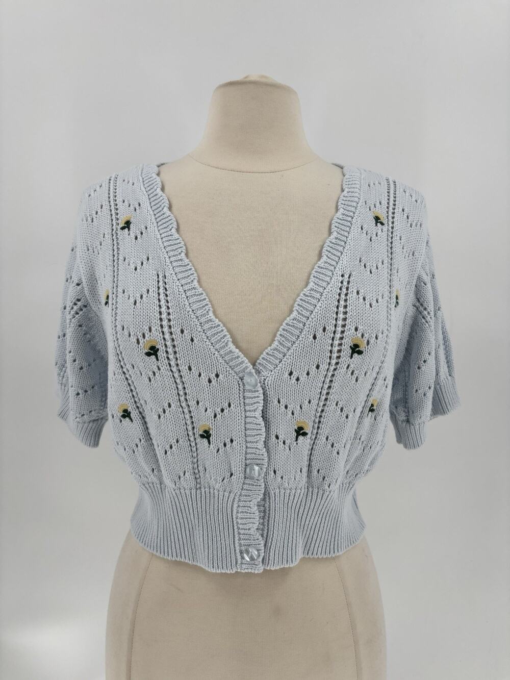 Wild Fable XXL Cropped Cardigan Blue Floral Embroidered Pointelle Short Sleeve